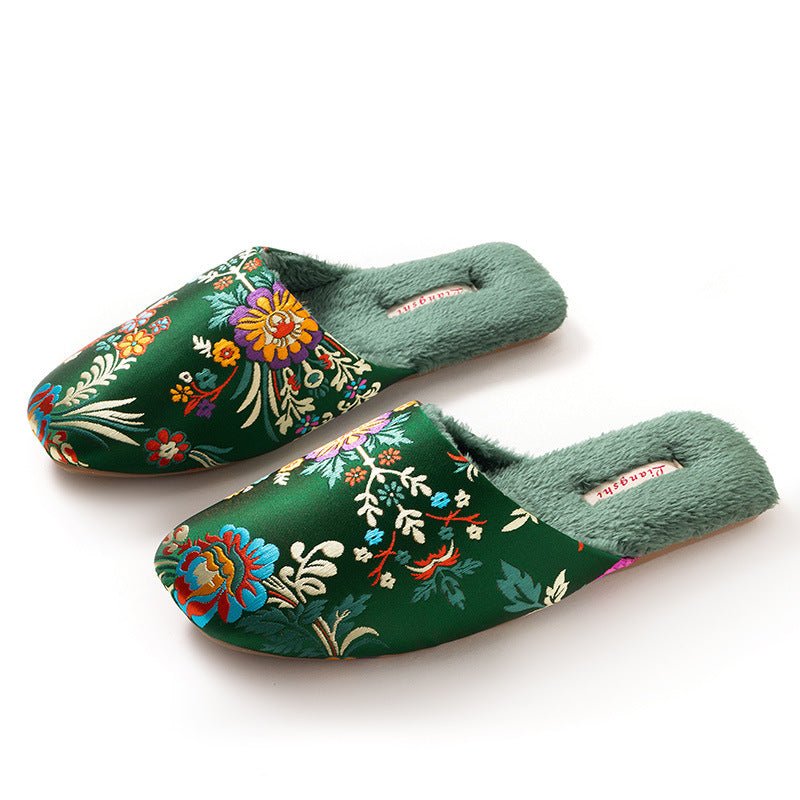 Women's Embroidered Floral Ox - Tendon Sole Plush Slippers - Babyvera