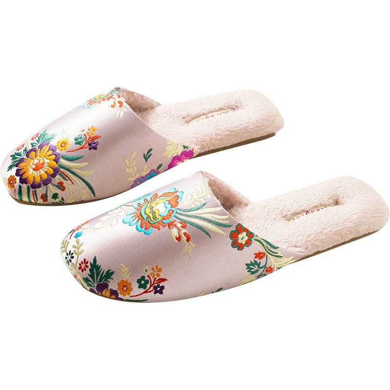 Women's Embroidered Floral Ox - Tendon Sole Plush Slippers - Babyvera