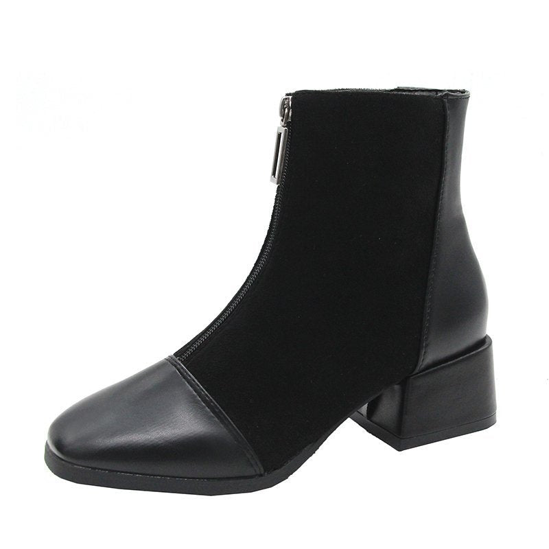 Womens Fashionable Mid - Heel Ankle Boots With Front Zipper - Babyvera