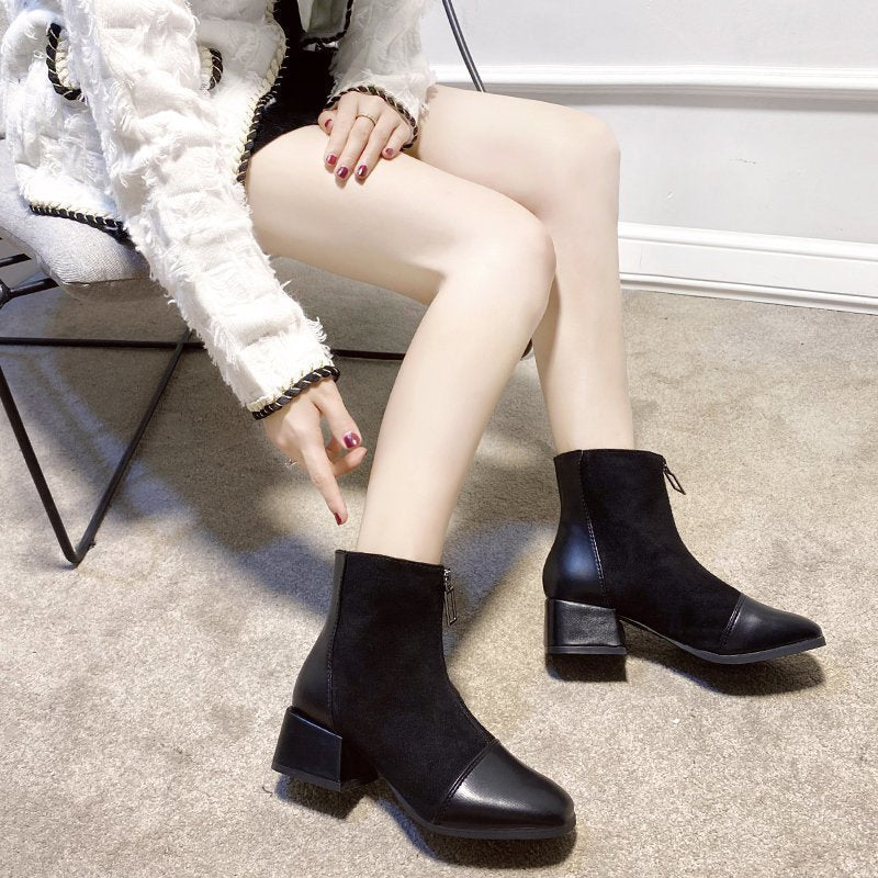 Womens Fashionable Mid - Heel Ankle Boots With Front Zipper - Babyvera