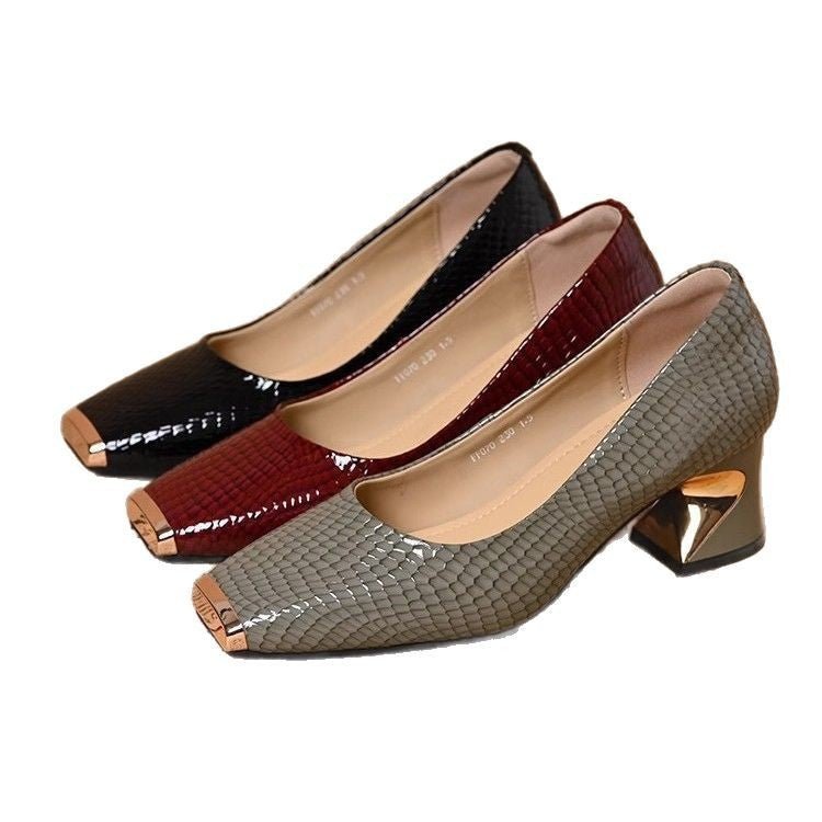 Women's French - style Snake - pattern Chunky - heel Versatile Soft - soled Leather Shoes - Babyvera
