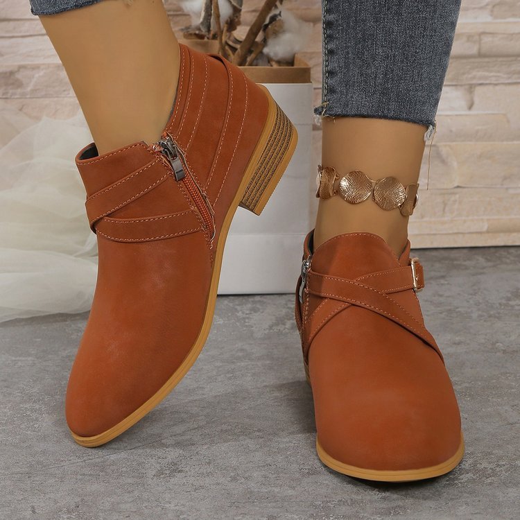 Womens Large - Size Leather Boots With Side Zipper And Cross Straps - Babyvera
