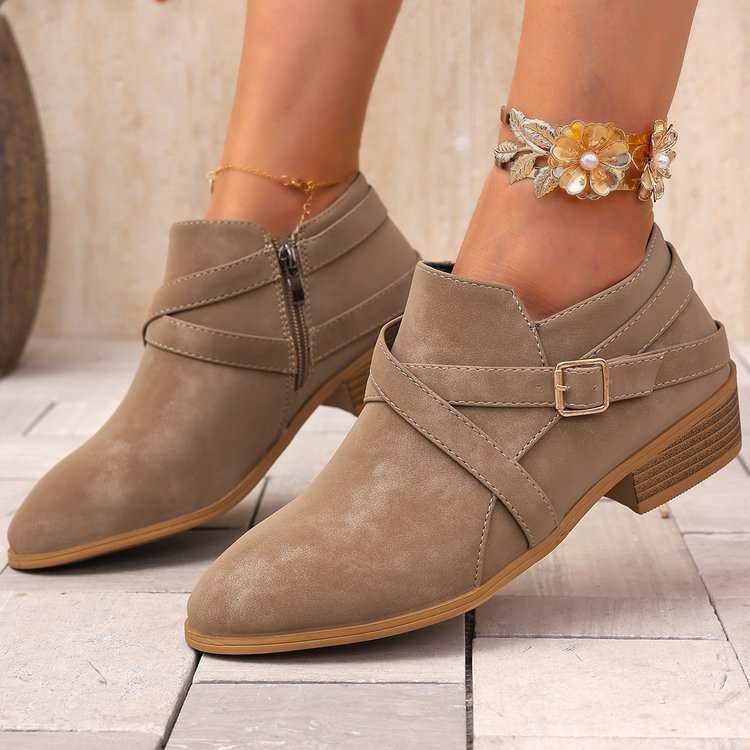 Womens Large - Size Leather Boots With Side Zipper And Cross Straps - Babyvera