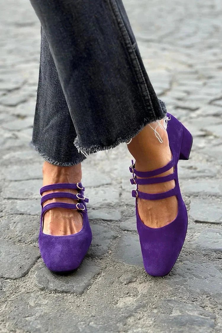 Women's Leather Square Toe Low - cut Retro Style Chunky Heel High Heels - Babyvera
