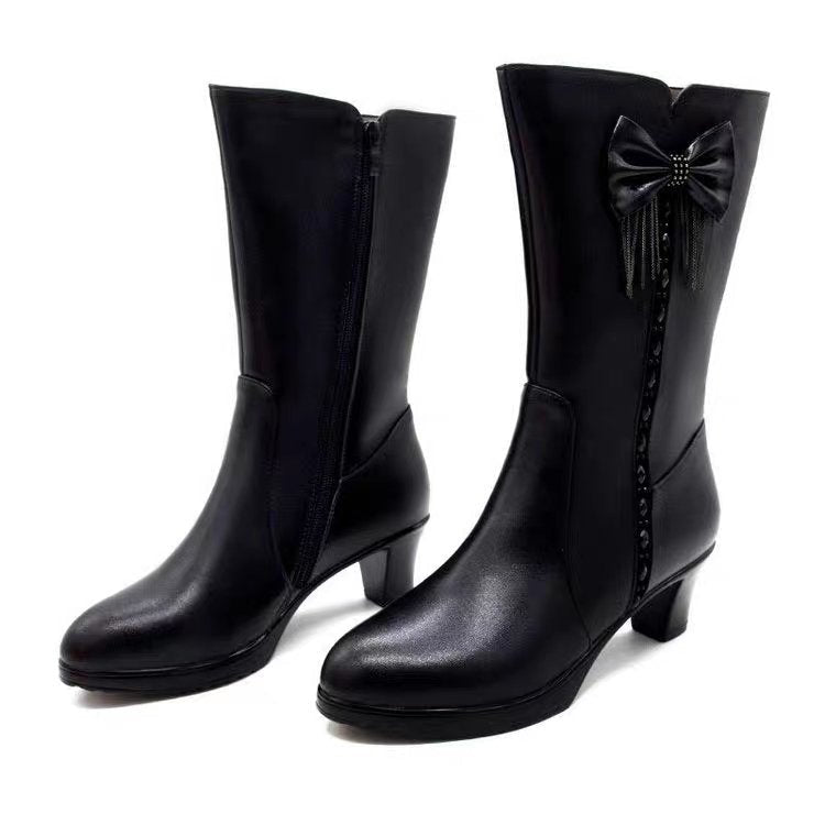 Womens Mid - Calf Fleece - Lined Leather Boots With Chunky Heels For Warmth - Babyvera