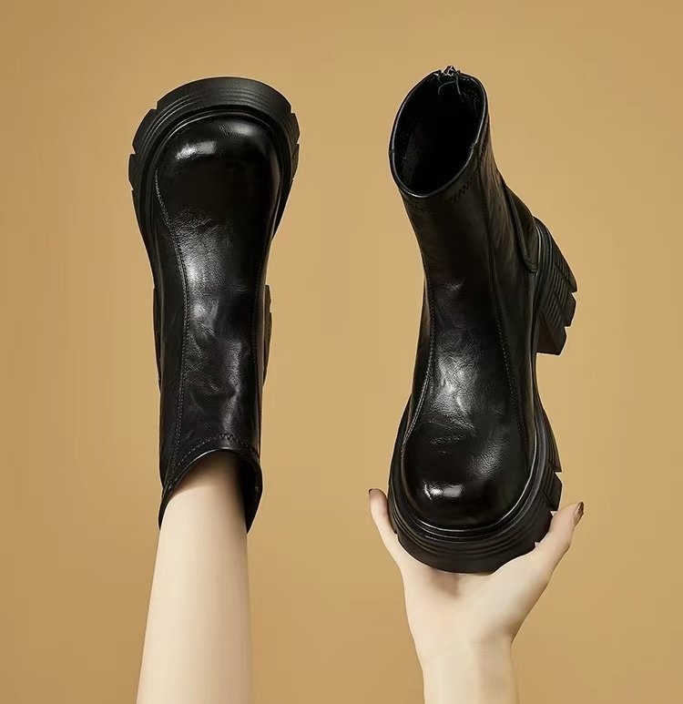 Women's New Fashionable Soft Leather Height-Enhancing British-Style Ankle Boots - Babyvera