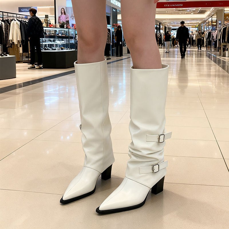 Women's Niche - design Leather - buckle High - rise Riding Boots - Babyvera