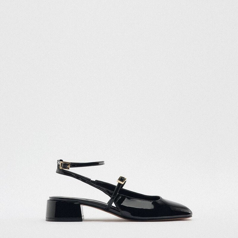 Women's Patent Leather Block Heel Open Back Square Toe Flat Sandals - Babyvera