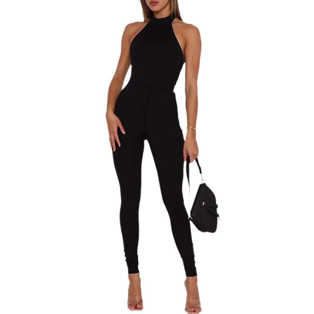 Women's Pure Color Halter Backless Sexy Slim - fit Jumpsuit Trousers - Babyvera
