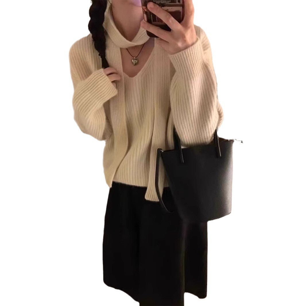 Womens Solid-Color Loose V-Neck Long-Sleeve Sweater With Ribbons - Babyvera