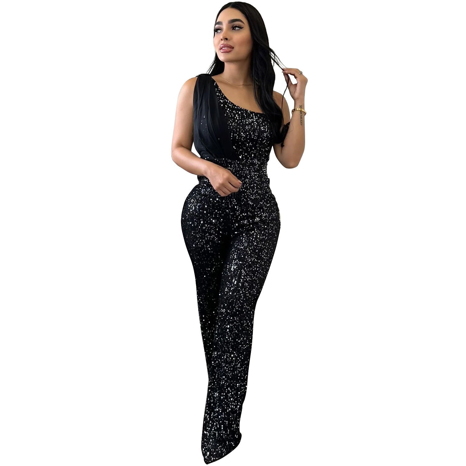 Women's Solid Color Sleeveless One-shoulder Sequined Trousers Jumpsuit - Babyvera
