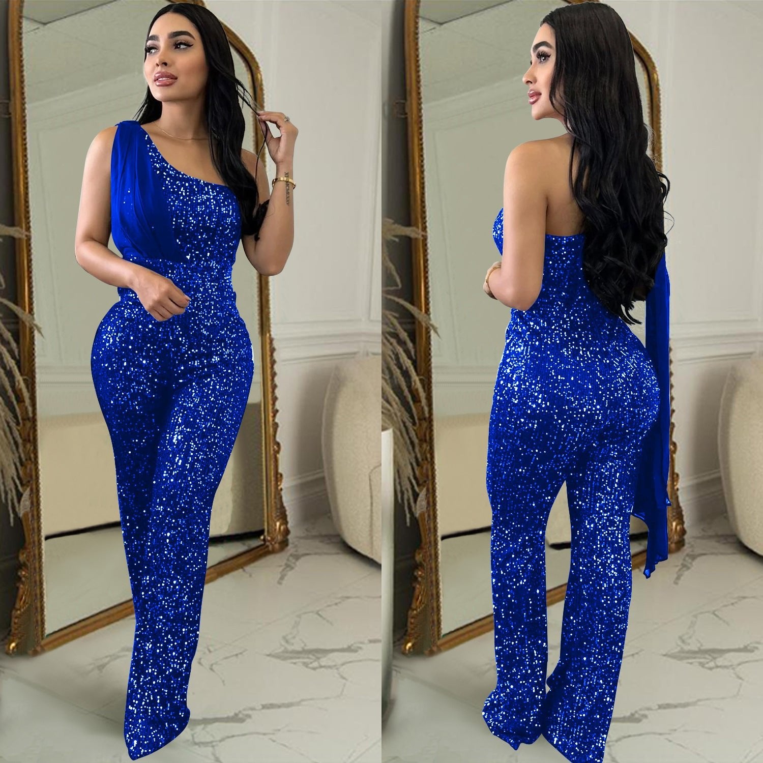 Women's Solid Color Sleeveless One-shoulder Sequined Trousers Jumpsuit - Babyvera
