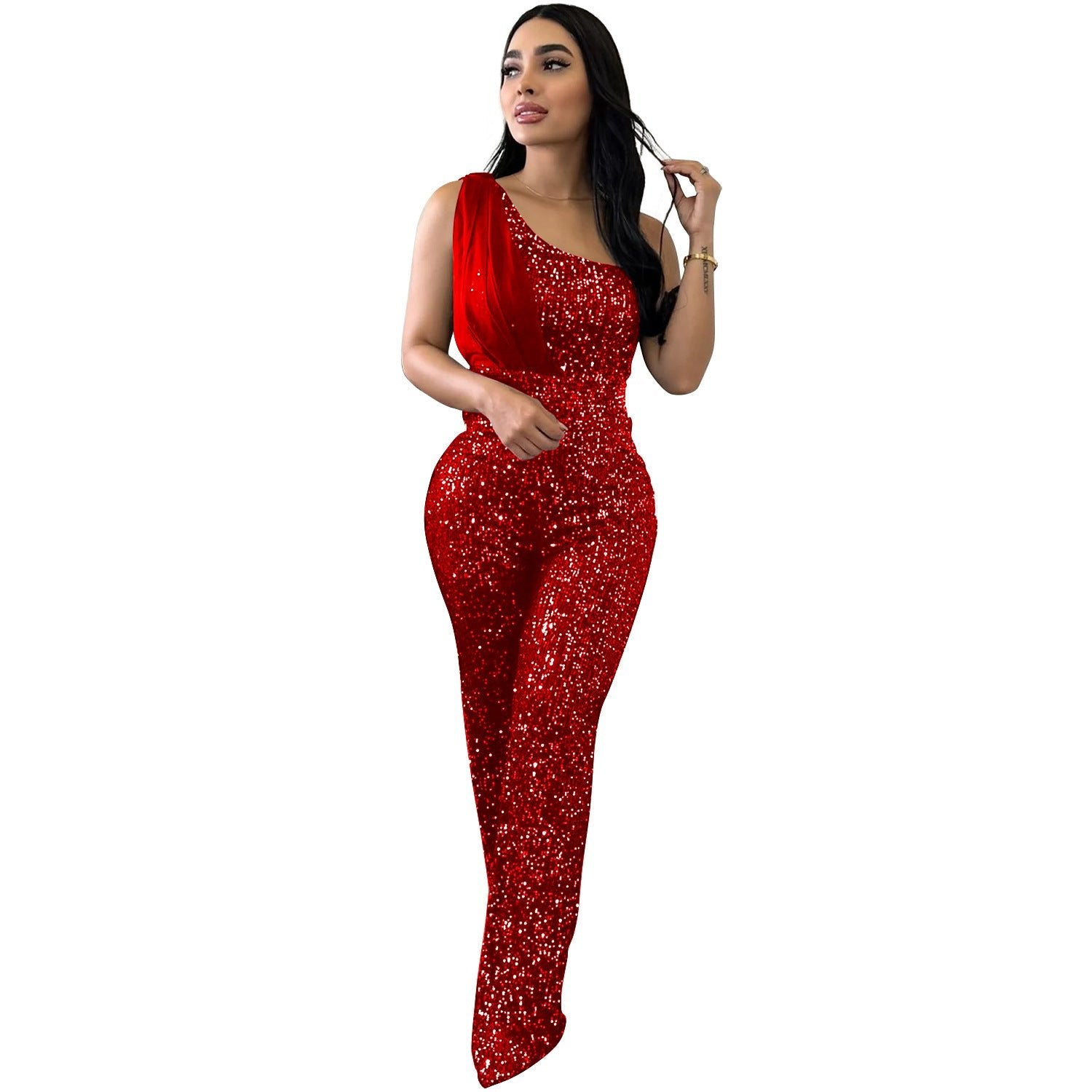 Women's Solid Color Sleeveless One-shoulder Sequined Trousers Jumpsuit - Babyvera