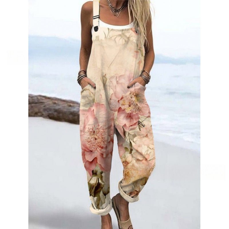 Women's Summer Digital Printing Button Casual Suspender Trousers - Babyvera