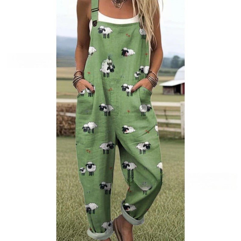 Women's Summer Digital Printing Button Casual Suspender Trousers - Babyvera
