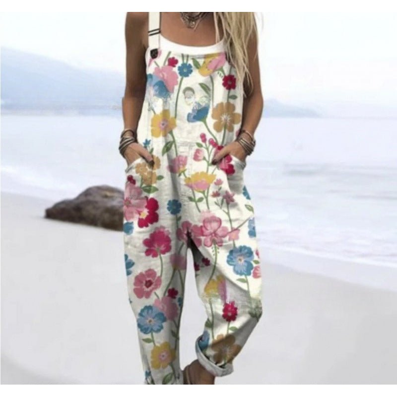 Women's Summer Digital Printing Button Casual Suspender Trousers - Babyvera