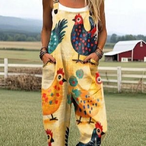 Women's Summer Digital Printing Button Casual Suspender Trousers - Babyvera