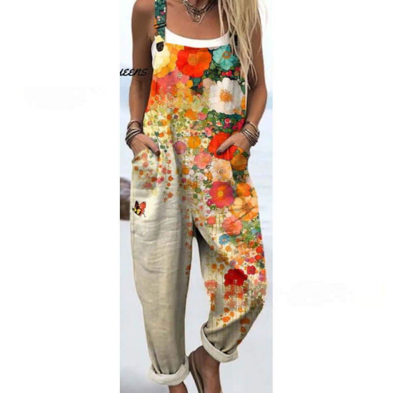 Women's Summer Digital Printing Button Casual Suspender Trousers - Babyvera