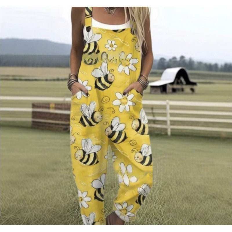 Women's Summer Digital Printing Button Casual Suspender Trousers - Babyvera