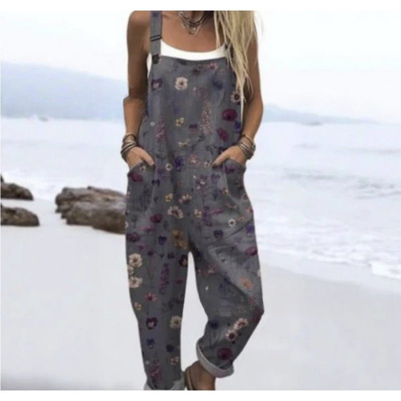 Women's Summer Digital Printing Button Casual Suspender Trousers - Babyvera