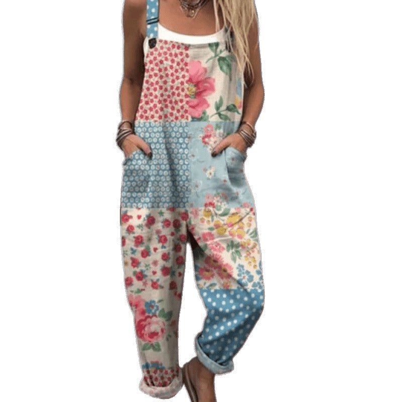 Women's Summer Digital Printing Button Casual Suspender Trousers - Babyvera