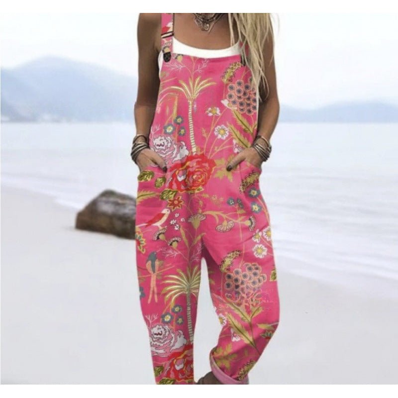 Women's Summer Digital Printing Button Casual Suspender Trousers - Babyvera