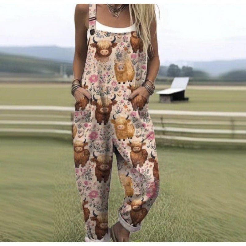 Women's Summer Digital Printing Button Casual Suspender Trousers - Babyvera