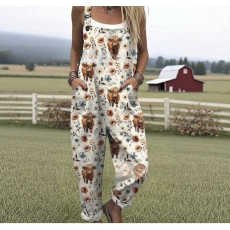 Women's Summer Digital Printing Button Casual Suspender Trousers - Babyvera