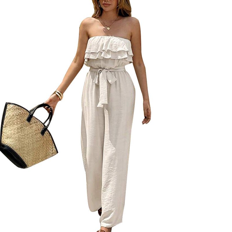Women's Summer Sleeveless Tube Top Jumpsuit Ruffled Tied Jumpsuit - Babyvera