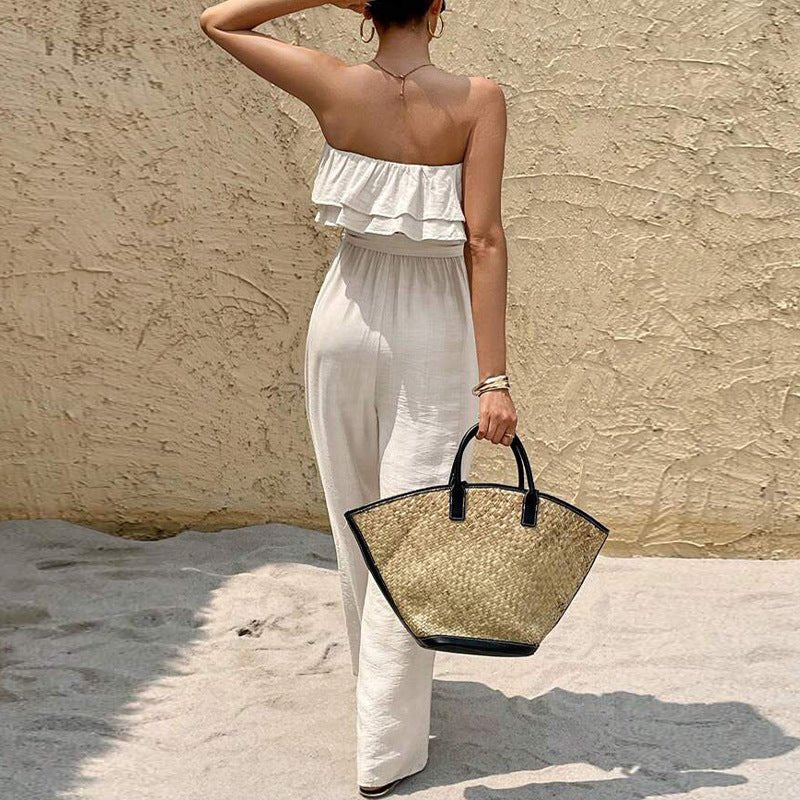 Women's Summer Sleeveless Tube Top Jumpsuit Ruffled Tied Jumpsuit - Babyvera
