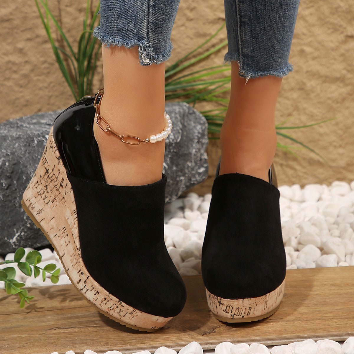 Women's Wedge Heels Spring 2025 New Arrival Suede And Leather Patchwork Design - Babyvera