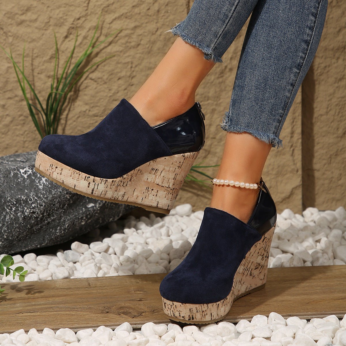 Women's Wedge Heels Spring 2025 New Arrival Suede And Leather Patchwork Design - Babyvera