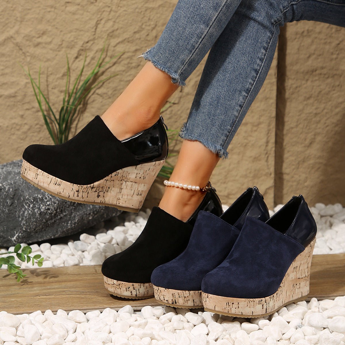 Women's Wedge Heels Spring 2025 New Arrival Suede And Leather Patchwork Design - Babyvera